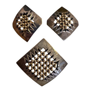 Vintage .925 Sterling Silver Pendant & Earrings 14kt Gold Bead Quilt Block Set